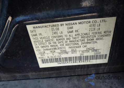 2008 Nissan Maxima 3.5 Se from USA, damaged, VIN 1N4BA41E88C839255